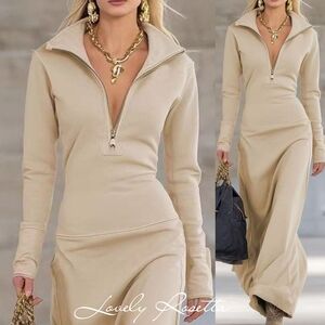 Beige Half Zip Maxi Dress